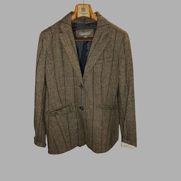 Eddie Bauer Women's Wool Blazer Herringbone Pinstripe Brown 16 - Picture 4 of 7